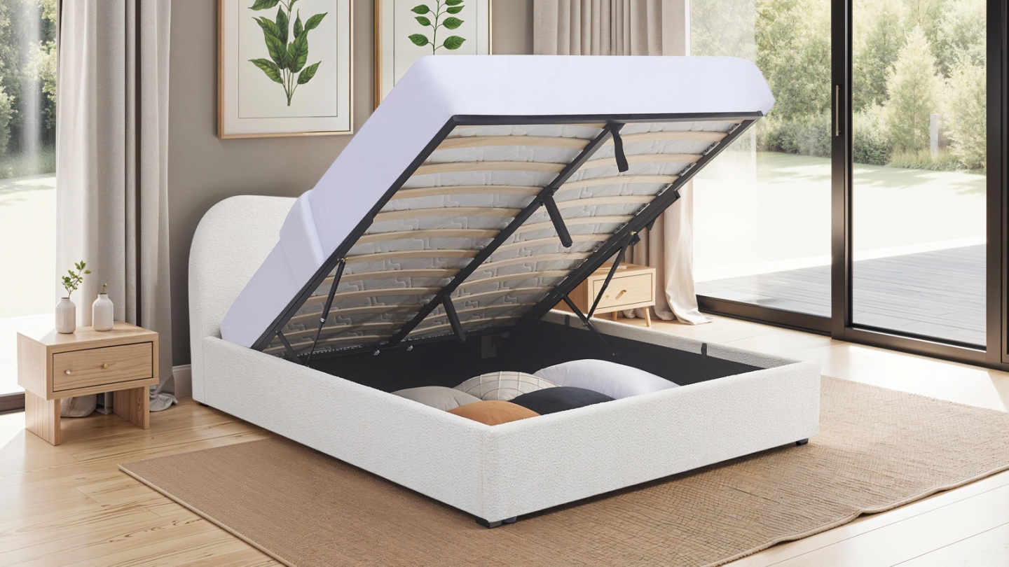 Lit coffre adulte 140x190 cm avec tête le lit arrondie en tissu bouclé beige - Suzon