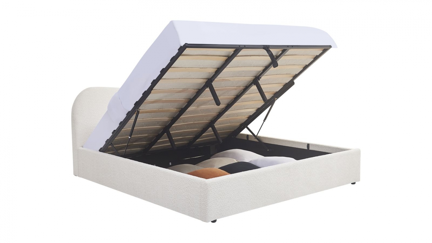 Lit coffre adulte 180x200 cm avec tête le lit arrondie en tissu bouclé beige - Suzon