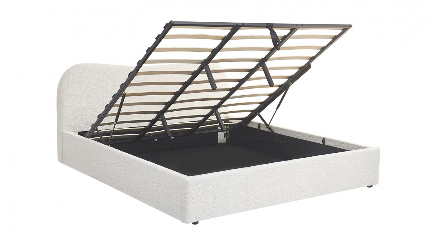 Lit coffre adulte 180x200 cm avec tête le lit arrondie en tissu bouclé beige - Suzon