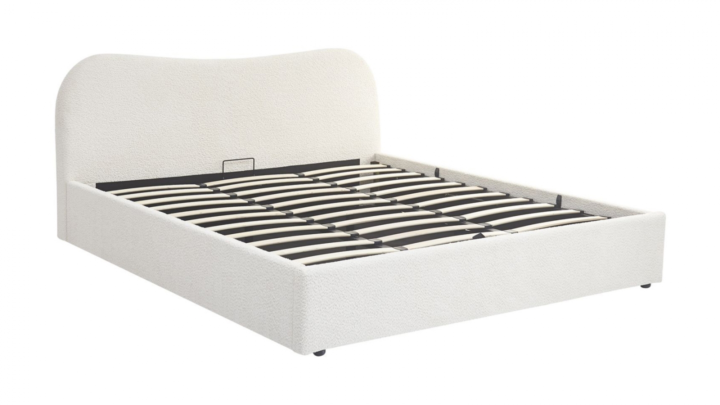 Lit coffre adulte 180x200 cm avec tête le lit arrondie en tissu bouclé beige - Suzon