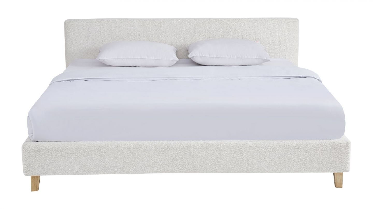Ensemble Lit adulte 180x200cm avec tête de lit en tissu bouclé beige - Milo + Matelas mémoire de forme - Dual Confort