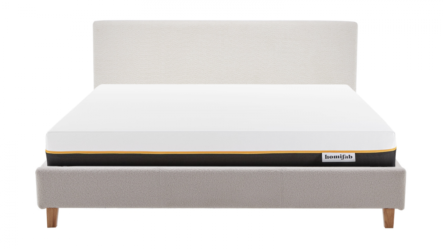 Ensemble Lit adulte 180x200cm avec tête de lit en tissu bouclé beige - Milo + Matelas mémoire de forme - Dual Confort
