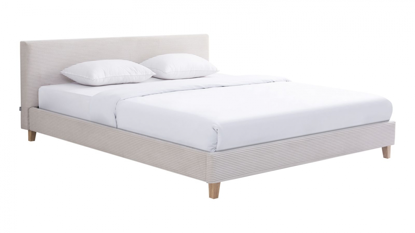 Ensemble Lit adulte 180x200cm avec tête de lit en velours côtelé beige - Milo + Matelas mémoire de forme - Dual Confort