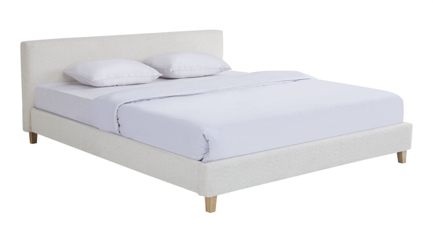 Ensemble Lit adulte 160x200cm avec tête de lit en tissu bouclé beige - Milo + Matelas mémoire de forme - Dual Confort