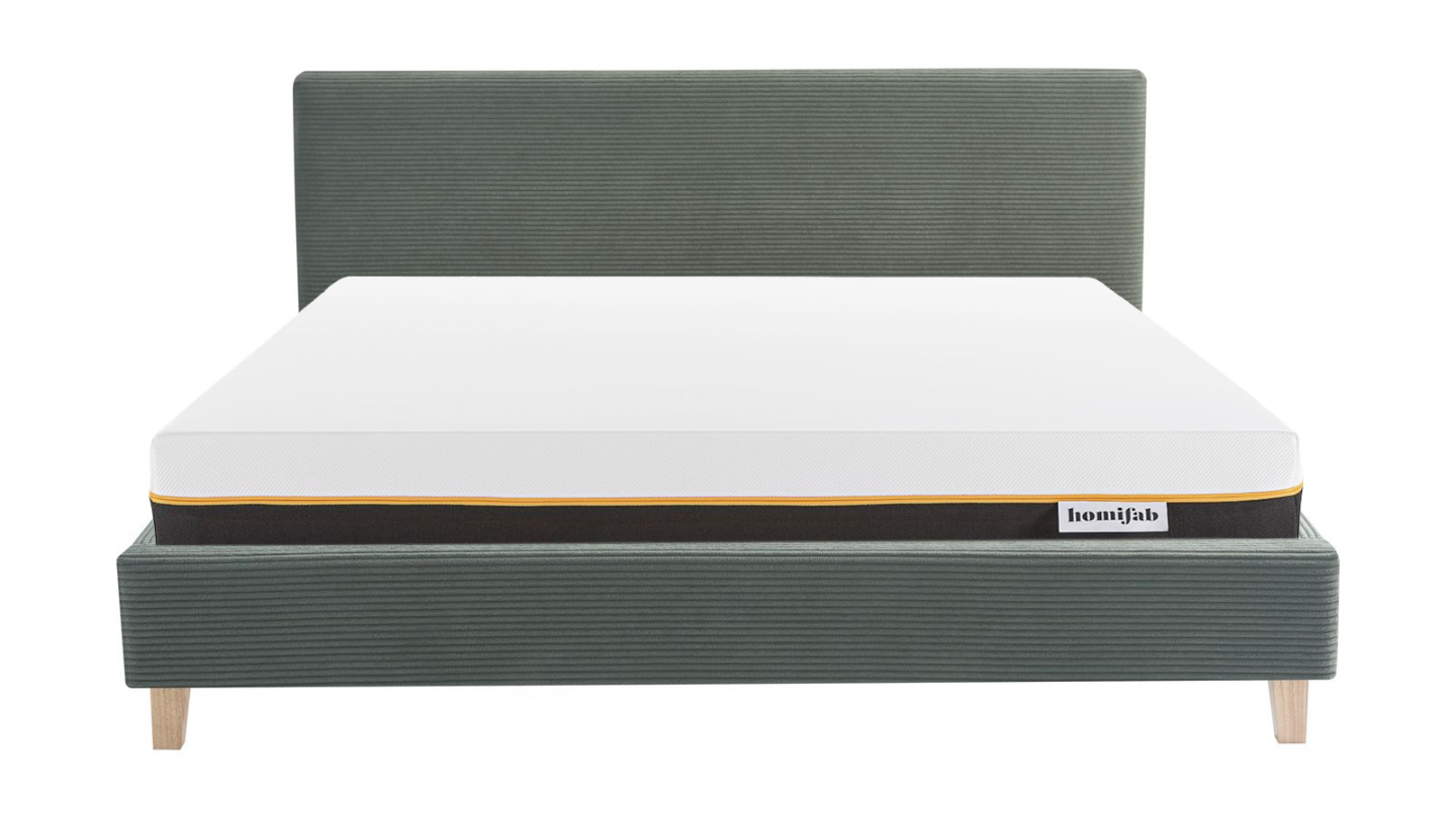 Ensemble Lit adulte 160x200cm avec tête de lit en velours côtelé vert kaki - Milo + Matelas mémoire de forme - Dual Confort