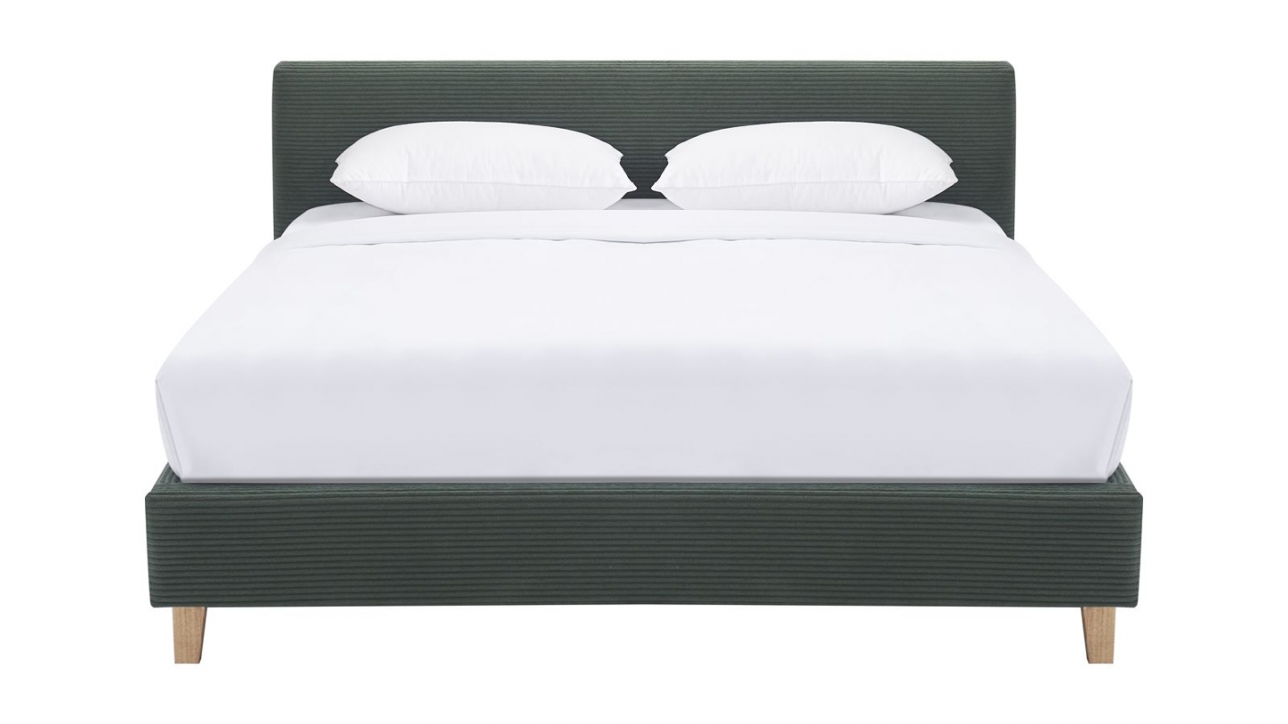 Ensemble Lit adulte 160x200cm avec tête de lit en velours côtelé vert kaki - Milo + Matelas mémoire de forme - Dual Confort