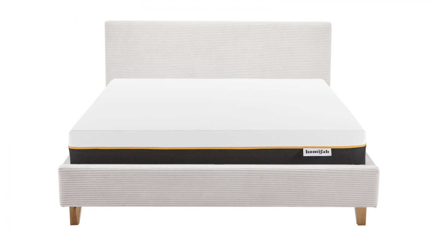 Ensemble Lit adulte 160x200cm avec tête de lit en velours côtelé beige - Milo + Matelas mémoire de forme - Dual Confort