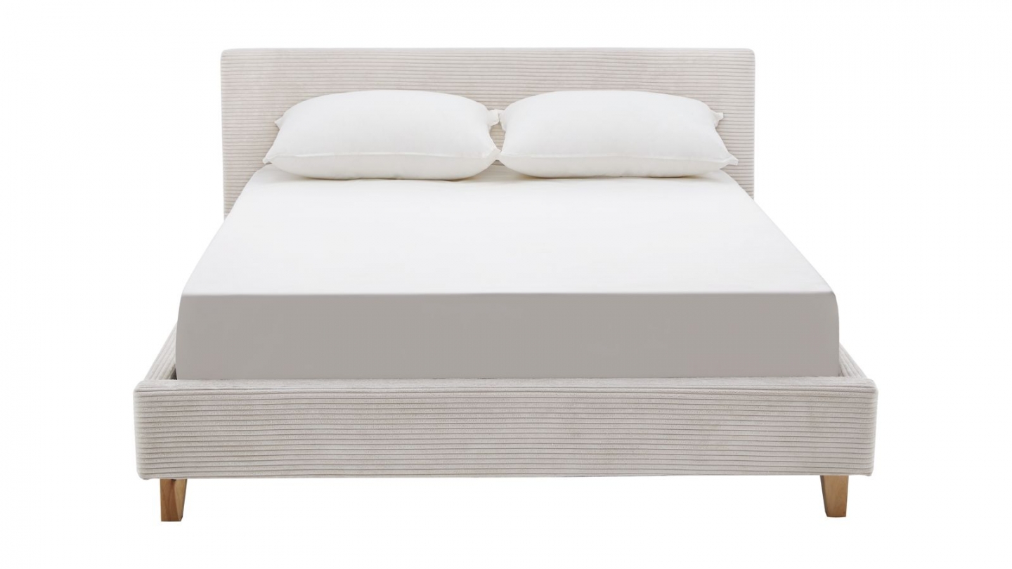 Ensemble Lit adulte 160x200cm avec tête de lit en velours côtelé beige - Milo + Matelas mémoire de forme - Dual Confort
