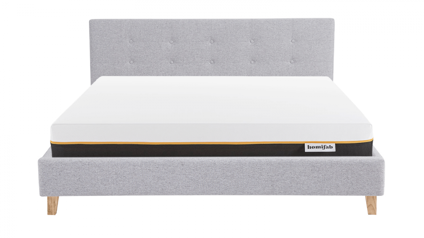 Ensemble Lit adulte 160x200cm avec tête de lit en tissu gris chiné - Milo + Matelas mémoire de forme - Dual Confort