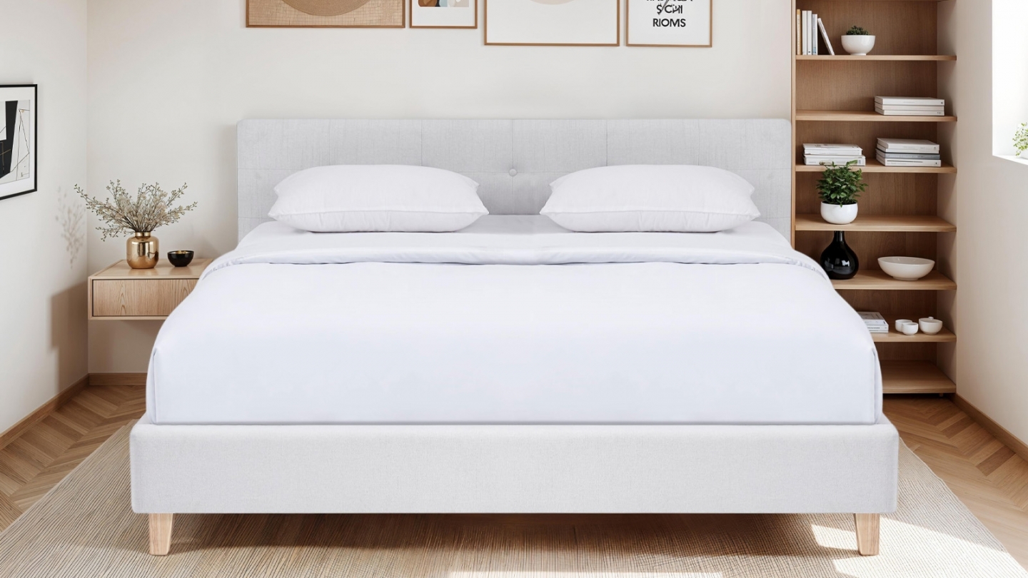 Ensemble Lit adulte 160x200cm avec tête de lit en tissu beige - Milo + Matelas mémoire de forme - Dual Confort
