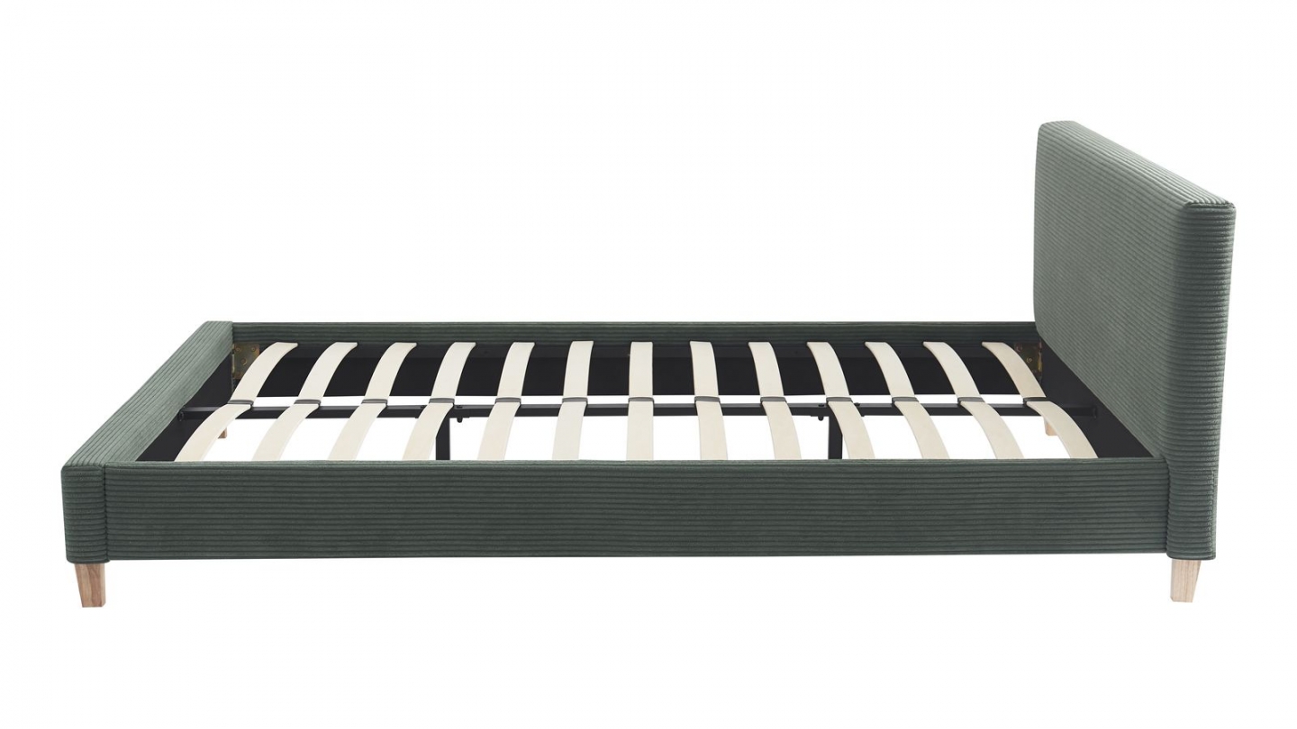 Ensemble Lit adulte 140x190cm avec tête de lit en velours côtelé vert kaki - Milo + Matelas mémoire de forme - Dual Confort