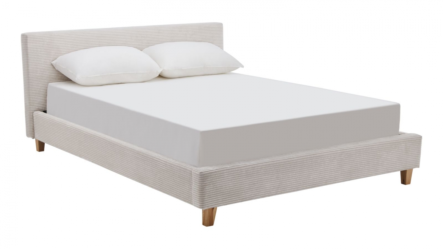 Ensemble Lit adulte 140x190cm avec tête de lit en velours côtelé beige - Milo + Matelas mémoire de forme - Dual Confort