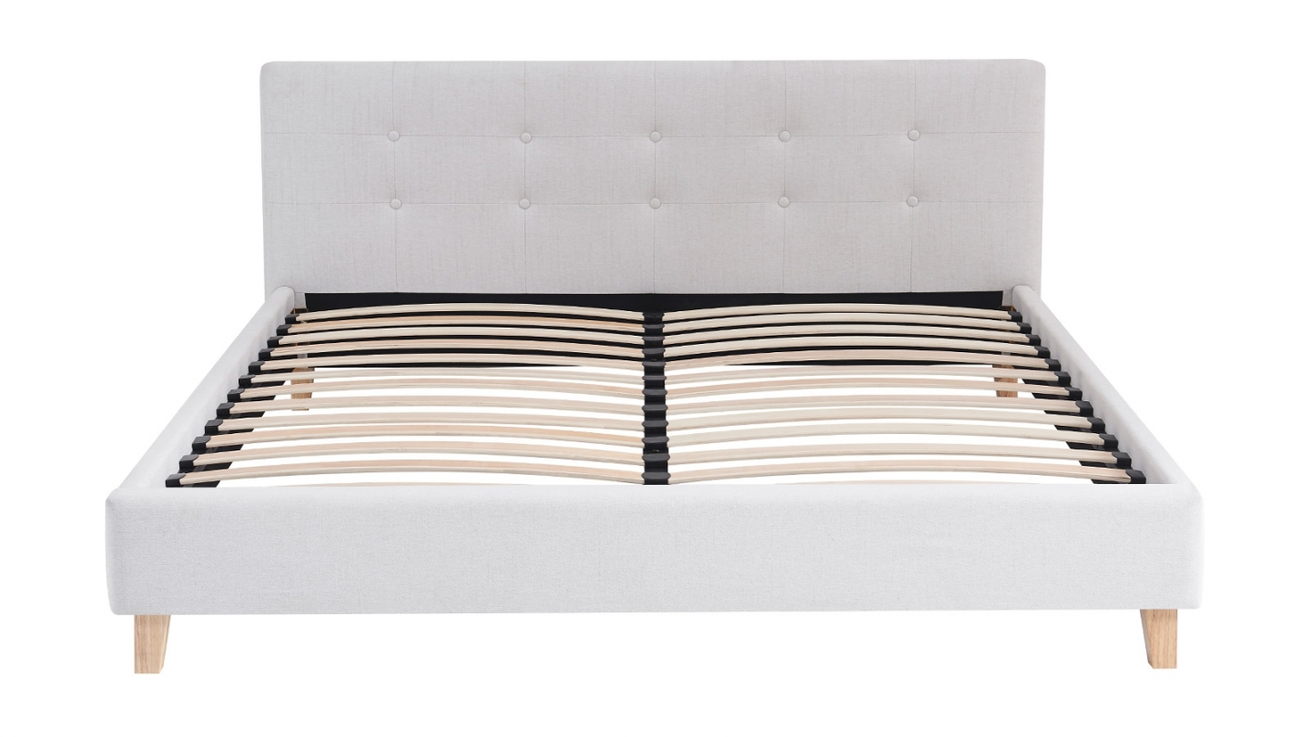 Ensemble Lit adulte 140x190cm avec tête de lit en tissu beige - Milo + Matelas mémoire de forme - Dual Confort