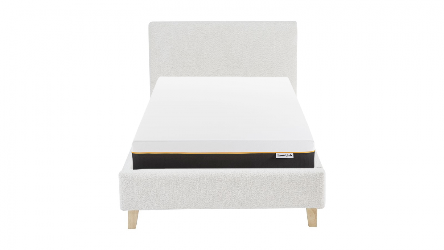Ensemble Lit adulte 90x190cm avec tête de lit en tissu bouclé beige - Milo + Matelas mémoire de forme - Dual Confort