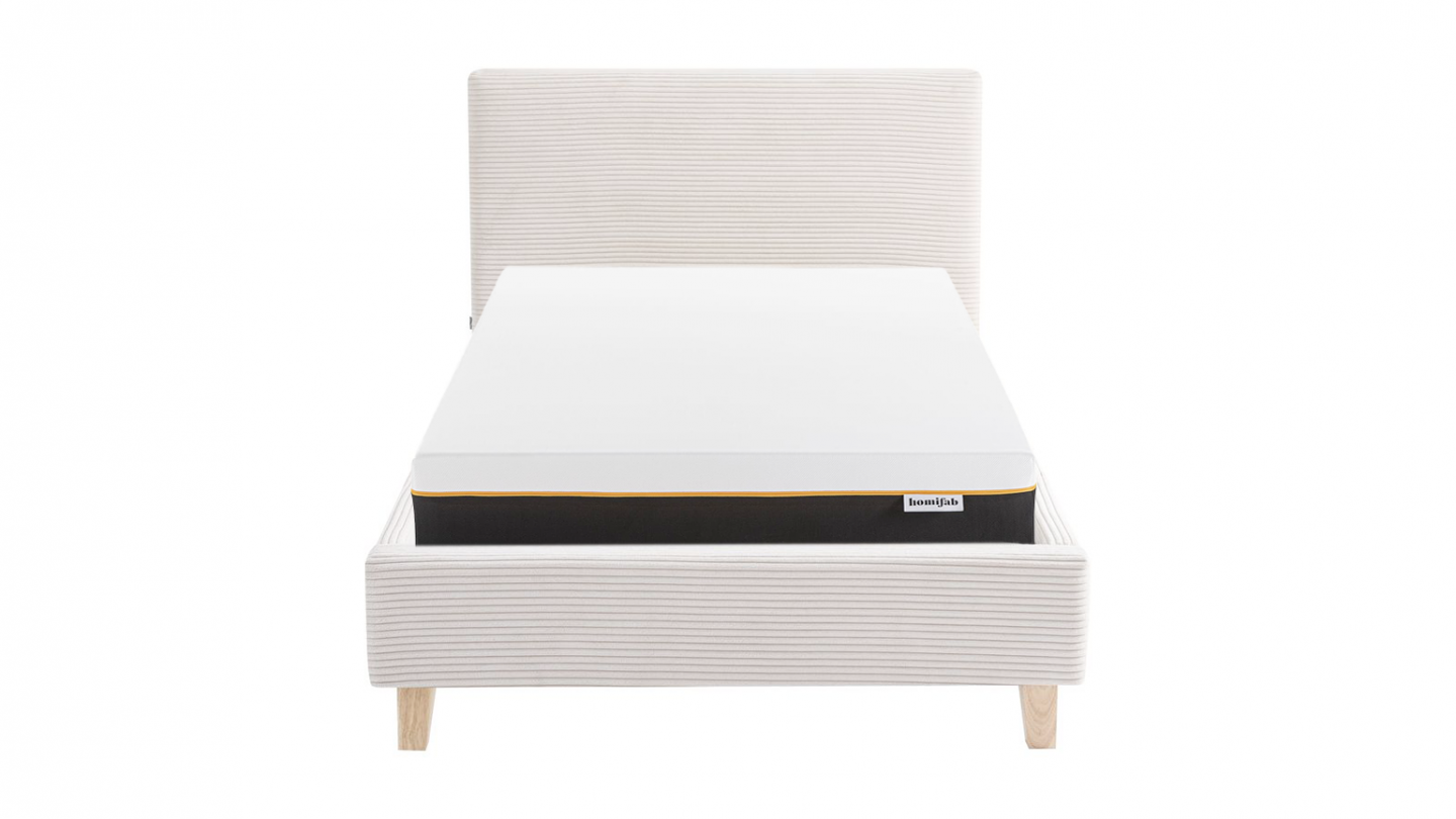Ensemble Lit adulte 90x190cm avec tête de lit en velours côtelé beige - Milo + Matelas mémoire de forme - Dual Confort