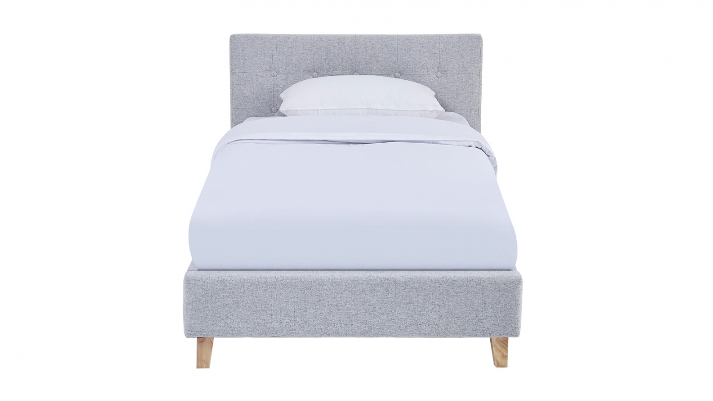 Ensemble Lit adulte 90x190cm avec tête de lit en tissu gris chiné - Milo + Matelas mémoire de forme - Dual Confort
