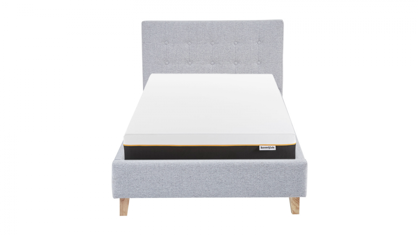 Ensemble Lit adulte 90x190cm avec tête de lit en tissu gris chiné - Milo + Matelas mémoire de forme - Dual Confort
