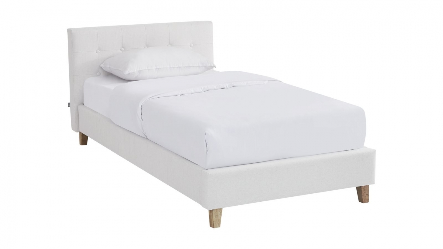 Ensemble Lit adulte 90x190cm avec tête de lit en tissu beige - Milo + Matelas mémoire de forme - Dual Confort
