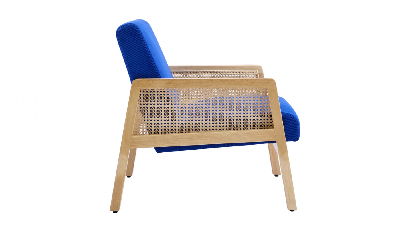 Fauteuil en cannage et velours côtelé bleu électrique - Mani