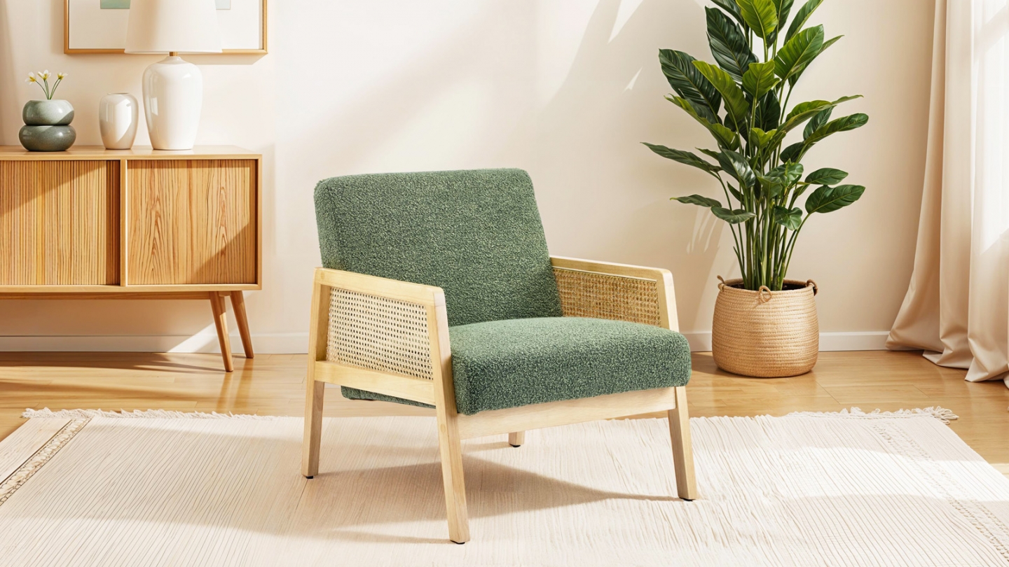 Fauteuil en cannage et tissu bouclé vert - Mani