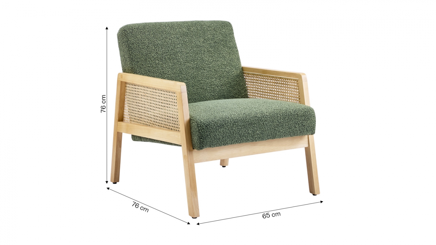 Fauteuil en cannage et tissu bouclé vert - Mani