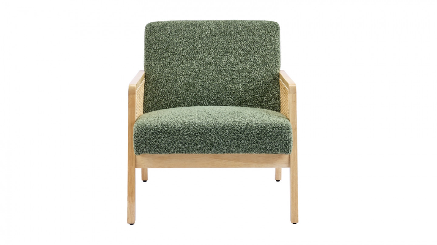 Fauteuil en cannage et tissu bouclé vert - Mani