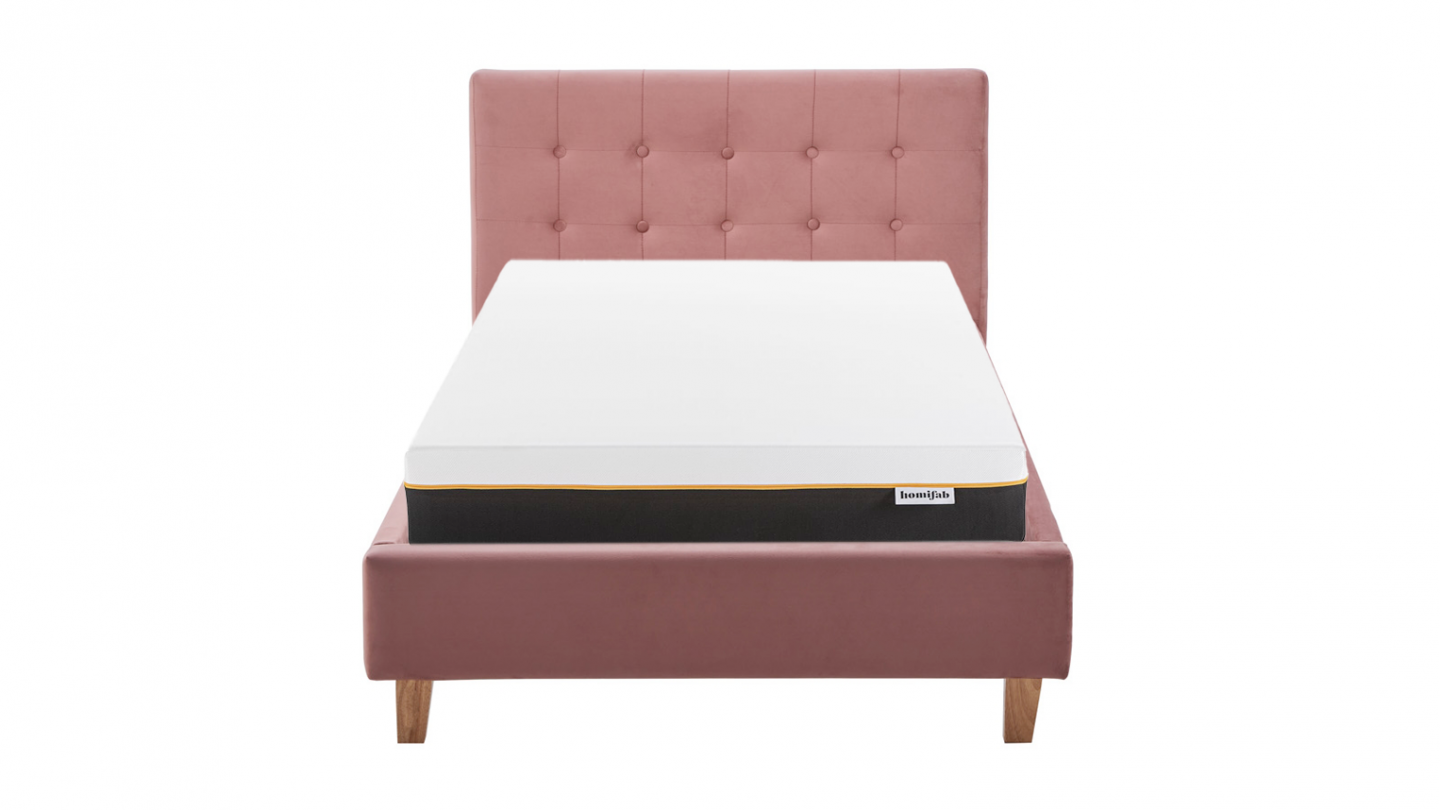 Ensemble Lit adulte 90x190cm avec tête de lit en velours vieux rose - Milo + Matelas mémoire de forme - Dual Confort