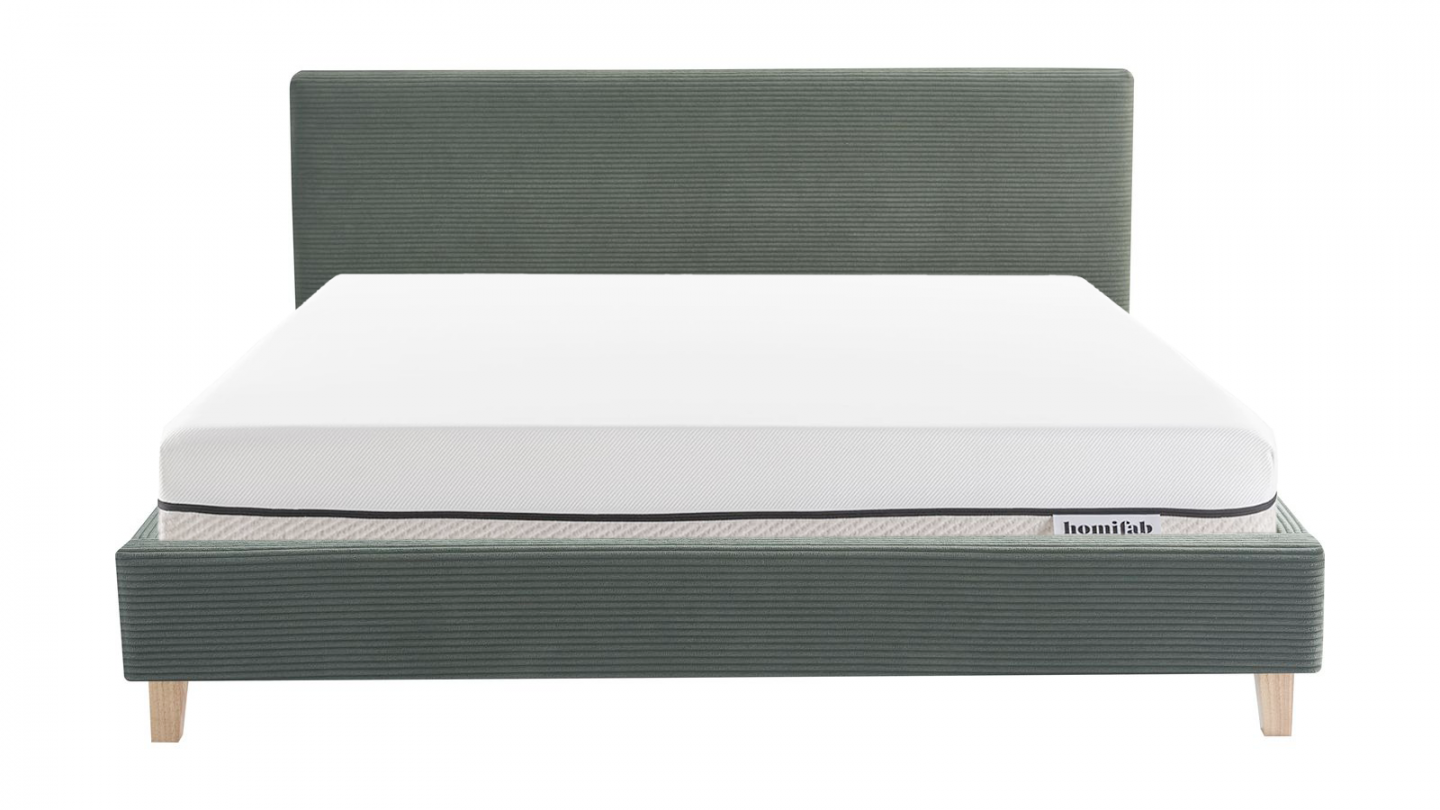 Ensemble Lit adulte 180x200cm avec tête de lit en velours côtelé vert kaki - Milo + Matelas ressorts ensachés - Spring Elite
