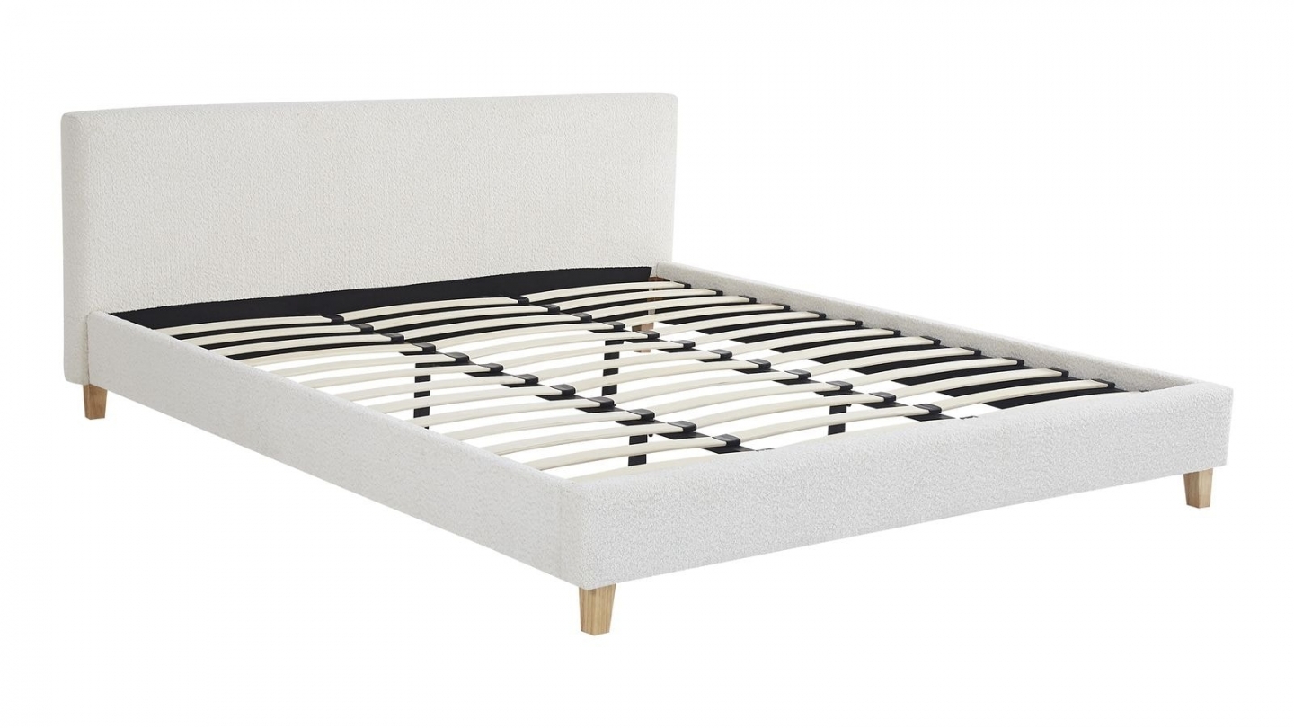 Ensemble Lit adulte 160x200cm avec tête de lit en tissu bouclé beige - Milo + Matelas ressorts ensachés - Spring Elite