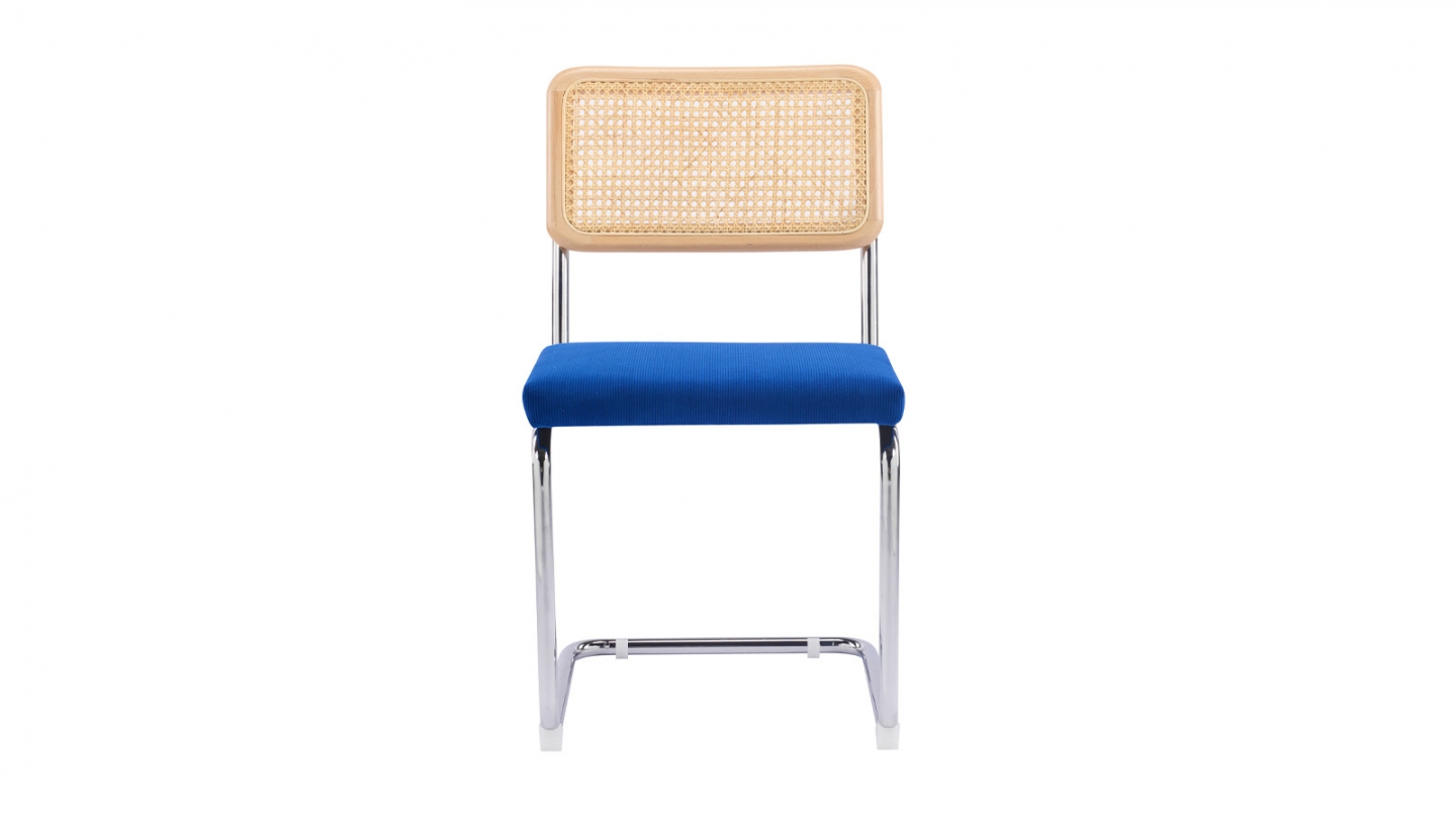 Lot de 2 chaises en cannage velours côtelé bleu électrique et métal chromé - Muse
