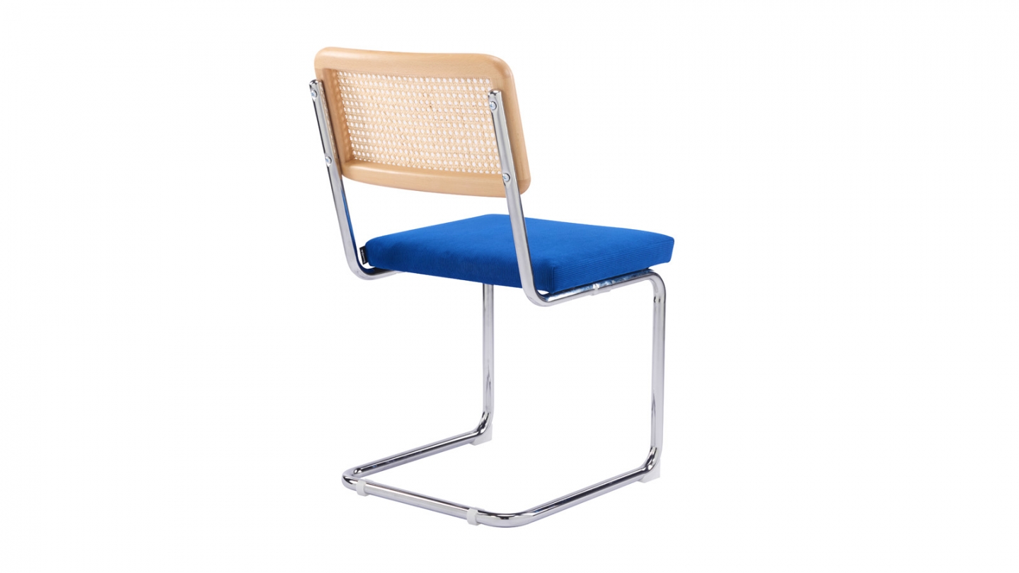 Lot de 2 chaises en cannage velours côtelé bleu électrique et métal chromé - Muse