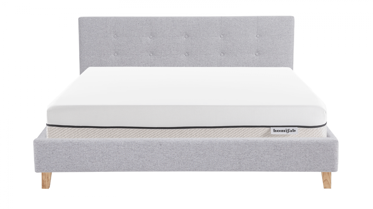 Ensemble Lit adulte 160x200cm avec tête de lit en tissu gris chiné - Milo + Matelas ressorts ensachés - Spring Elite