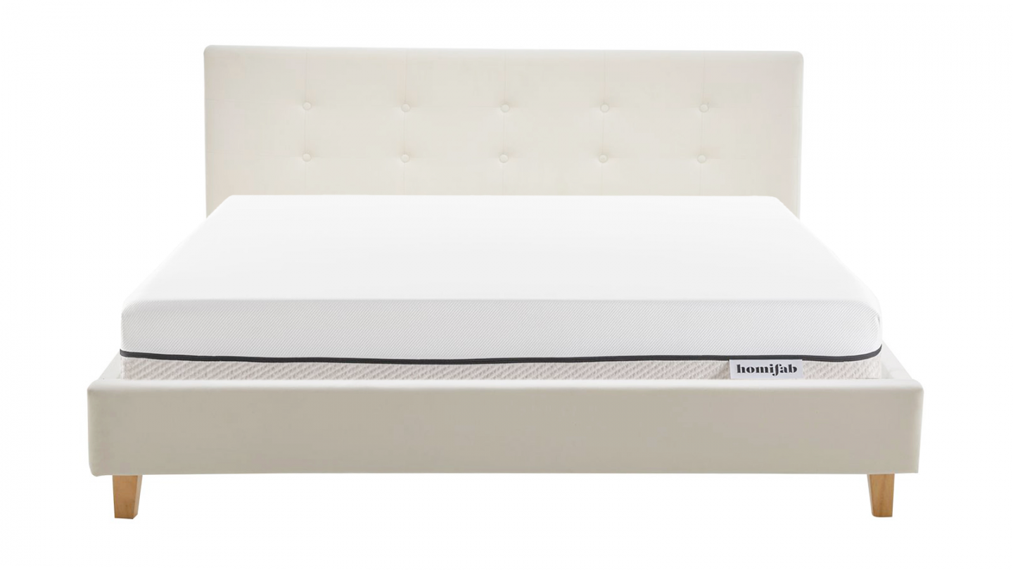 Ensemble Lit adulte 160x200cm avec tête de lit en velours beige - Milo + Matelas ressorts ensachés - Spring Elite