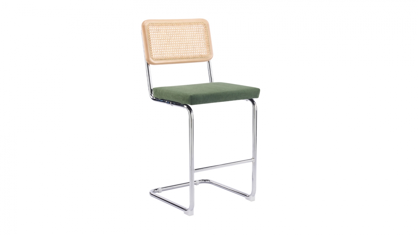 Lot de 2 tabourets de bar en velours côtelé vert kaki et cannage - Muse