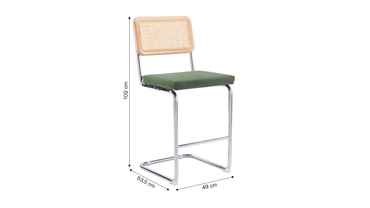 Lot de 2 tabourets de bar en velours côtelé vert kaki et cannage - Muse