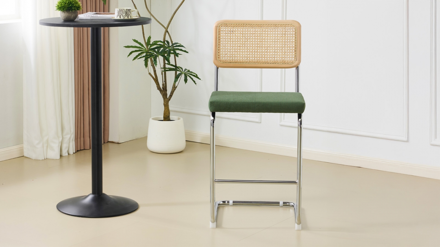 Lot de 2 tabourets de bar en velours côtelé vert kaki et cannage - Muse