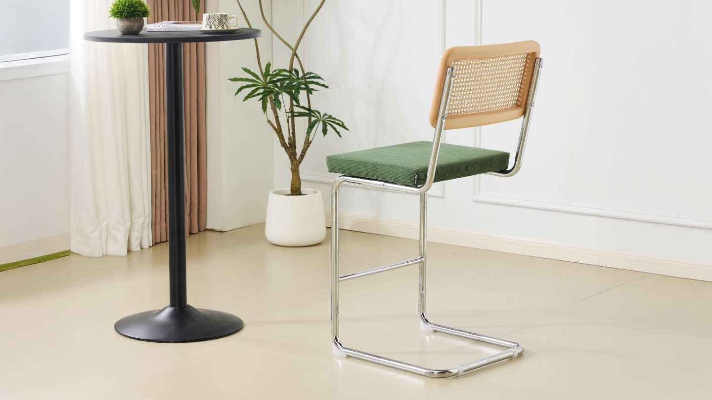 Lot de 2 tabourets de bar en velours côtelé vert kaki et cannage - Muse