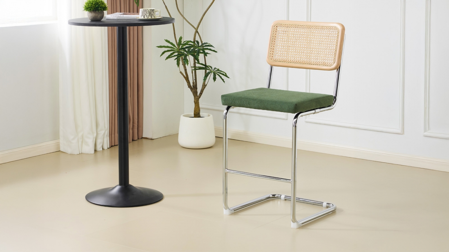 Lot de 2 tabourets de bar en velours côtelé vert kaki et cannage - Muse