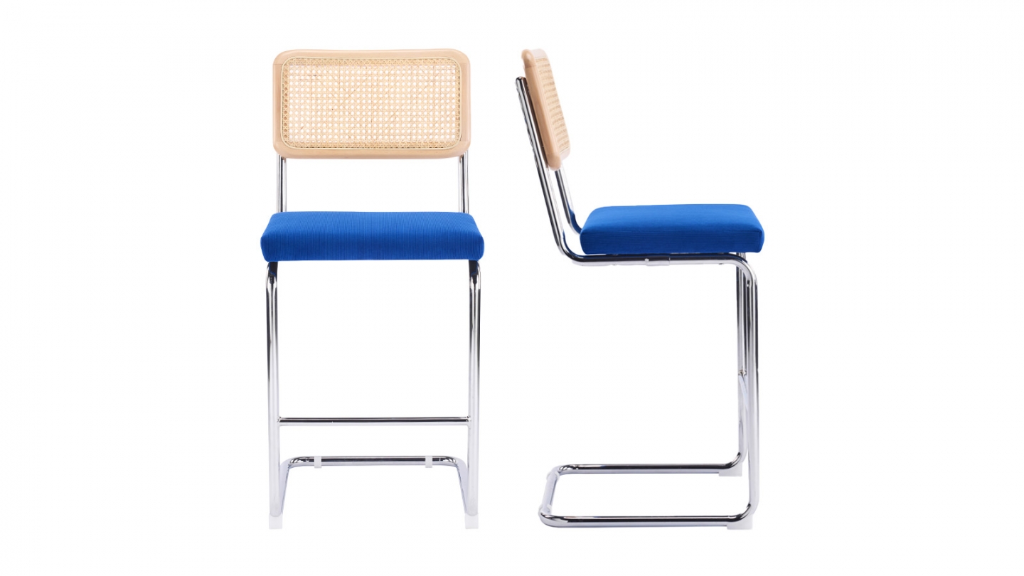Lot de 2 tabourets de bar en velours côtelé bleu électrique et cannage - Muse