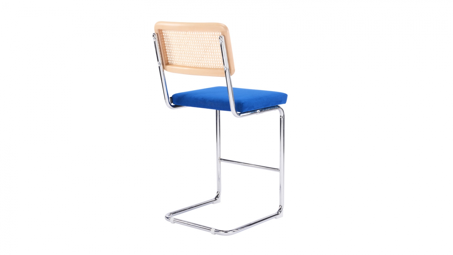 Lot de 2 tabourets de bar en velours côtelé bleu électrique et cannage - Muse
