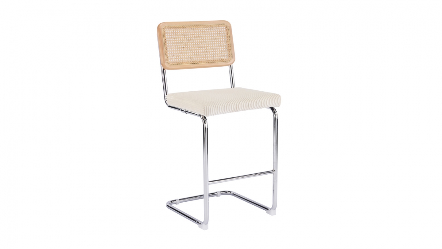 Lot de 2 tabourets de bar en velours côtelé beige et cannage - Muse