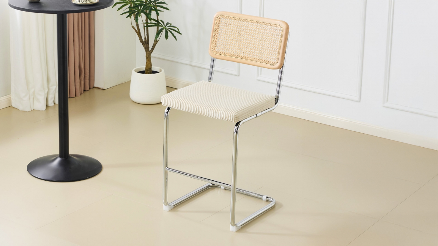 Lot de 2 tabourets de bar en velours côtelé beige et cannage - Muse