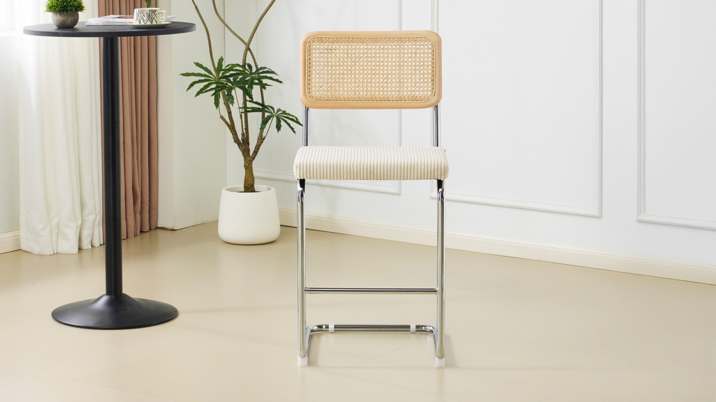 Lot de 2 tabourets de bar en velours côtelé beige et cannage - Muse
