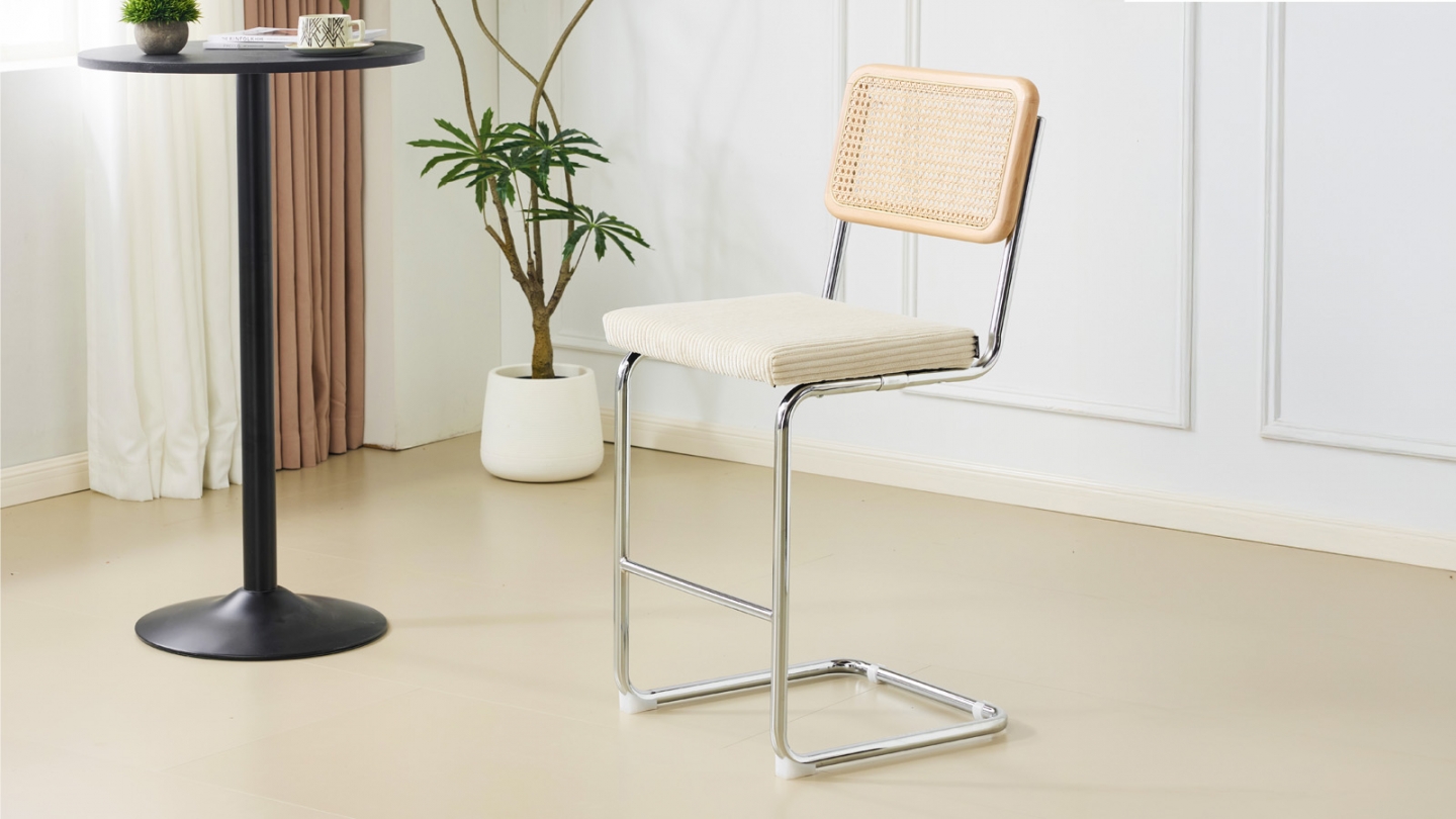 Lot de 2 tabourets de bar en velours côtelé beige et cannage - Muse