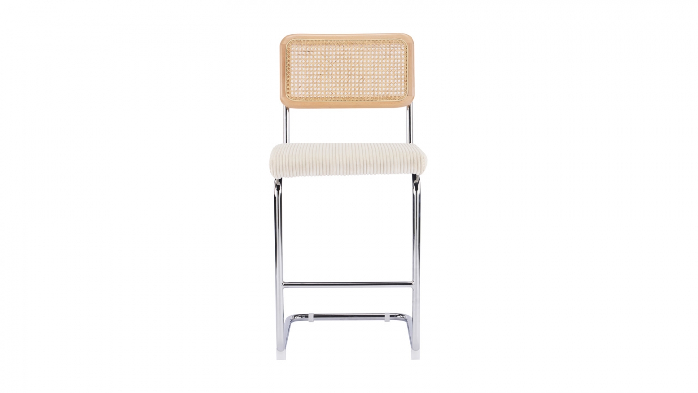 Lot de 2 tabourets de bar en velours côtelé beige et cannage - Muse