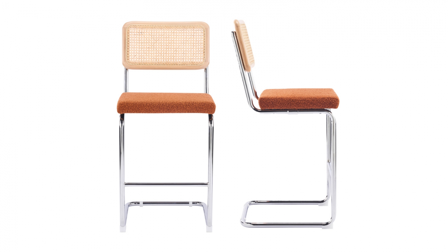 Lot de 2 tabourets de bar en tissu bouclé rouille et cannage - Muse