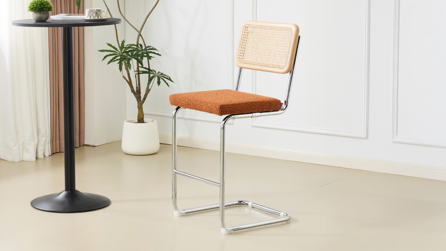 Lot de 2 tabourets de bar en tissu bouclé rouille et cannage - Muse