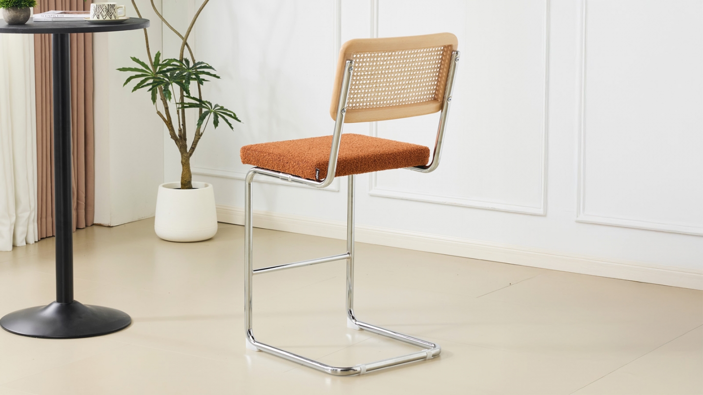 Lot de 2 tabourets de bar en tissu bouclé rouille et cannage - Muse