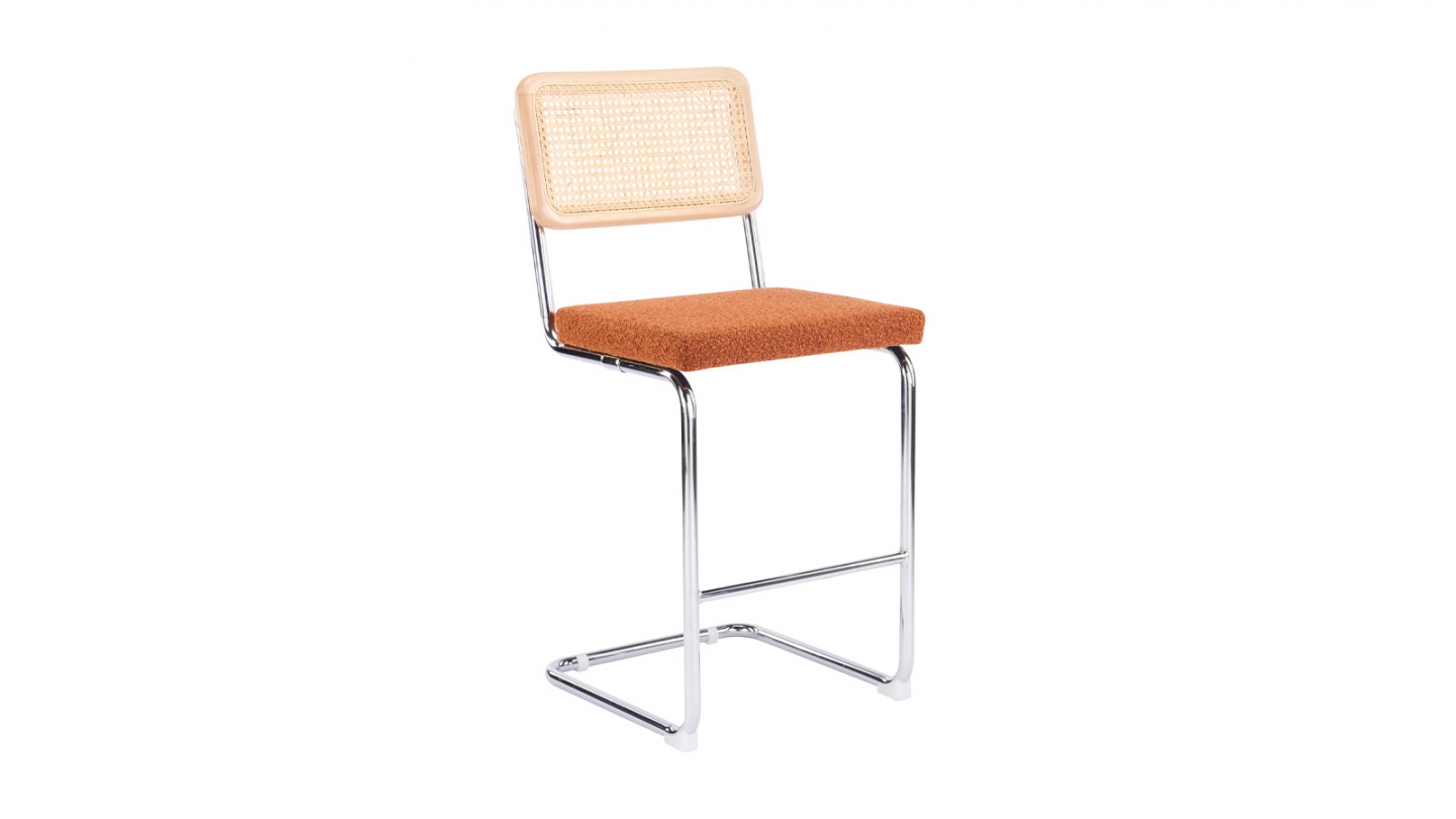 Lot de 2 tabourets de bar en tissu bouclé rouille et cannage - Muse