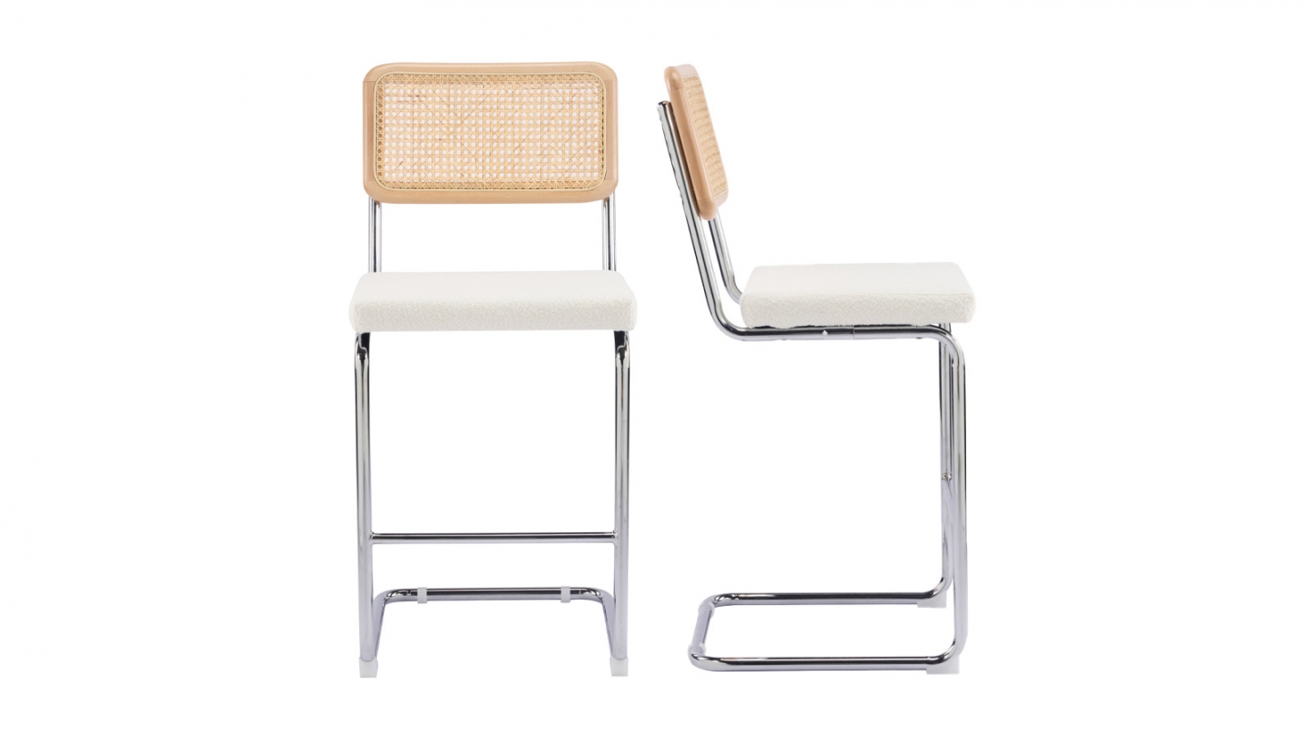 Lot de 2 tabourets de bar en tissu bouclé beige et cannage - Muse